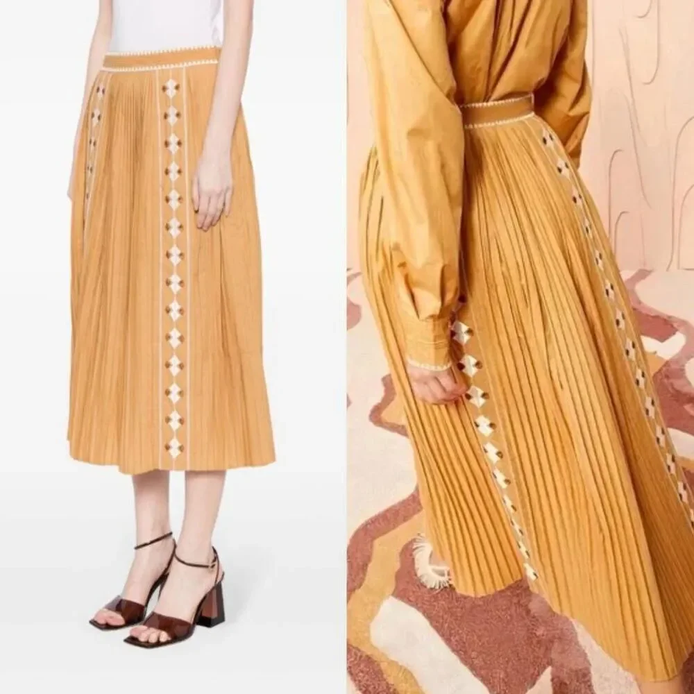 Ulla Johnson Midi Pleated Brown Sabina Embroidered Skirt 0 NWT - Picture 2 of 12